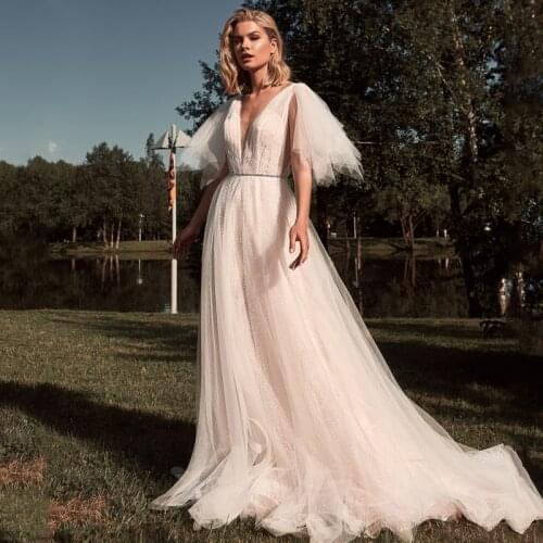 Eightree Boho Beach Wedding Dresses Deep V-neck Polka Dot Sleeveless Bride Dress A-Line Tulle Princess Wedding Gowns Custom Size