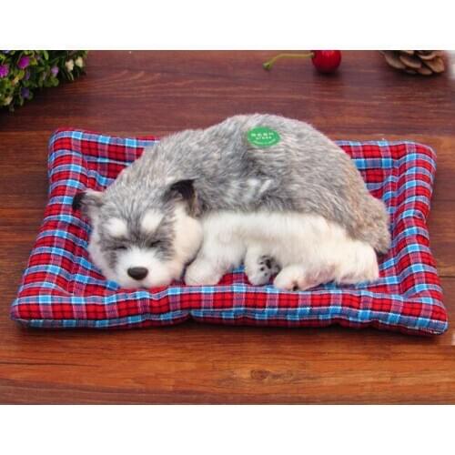 About 25x20cm gray husky sleeping dog furry fur dog, sound bark ,model ornament scene layout prop decoration gift h1296