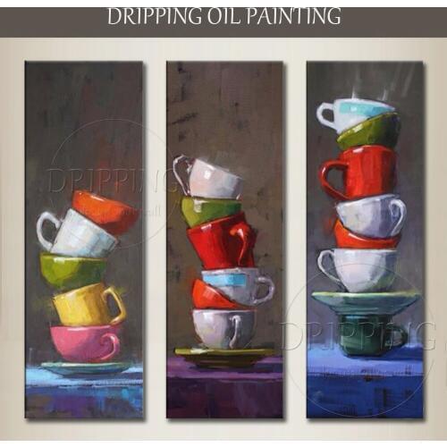Hand-painted High Quality Modern Home Decor Mugs Oil Painting 3 Pieces Wall Canvas Painting Mugs Oil Painting for Wall Decor