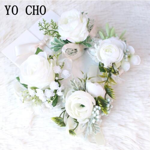 Silk Roses White Groom Boutonniere Flowers Wedding Wrist Corsage Bracelet Bridesmaids Prom Marriage Corsage Flowers Accessories
