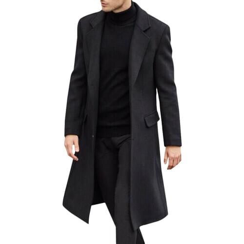 Mens Fashion Turn Down Collar Trench Coat Winter Male Full Sleeve Button Up Jackets and Coats Long Overcoat for Men