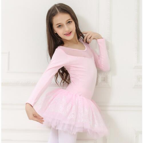 Girls ballet dress dance leotard pink long sleeve leotard mesh neckline foil printing pink ballet tutu ballerina dress kids