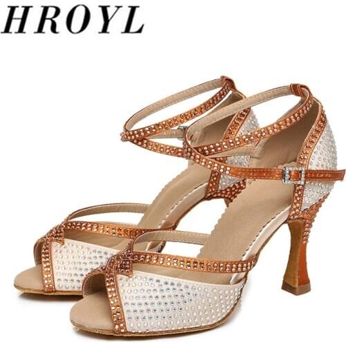 HROYL women latin dance shoes ballroom soft bottom heels tango salsa full Rhinestone dancing shoes sexy fashion comfortable 2021