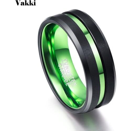 VAKKI Mens Black Matte High Polish Tungsten Carbide Ring Green Groove Polished Beveled Edges Ring Comfort Fit Size 6-16