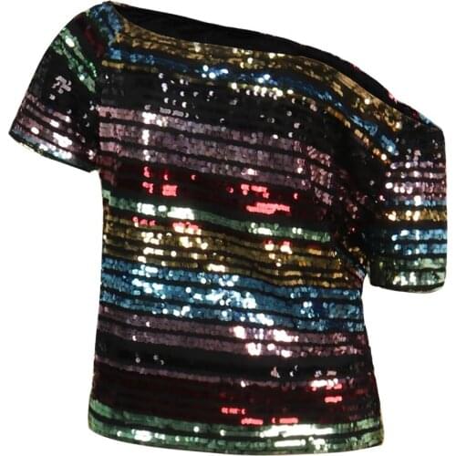 VITIANA Women Blingbling Club Tshirts Spring 2020 Female Short Sleeve Sequines Colorful Skew Collar Sexy TShirt Femme Party Tops