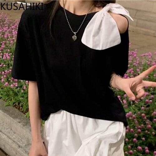 KUSAHIKI Sweet Hit Color Bowknot Hollow-out Woman Tshirts Causal Short Sleeve O-neck Graphic Tee 2021 New Tops Mujer 6K918