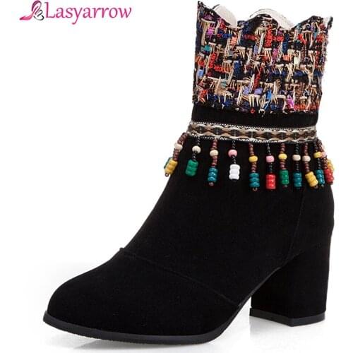 Lasyarrow Ethnic style Flock Fringes high heeled Shoes Woman Boots Black Red Chunky Heels Ankle Boots Woman Shoes Women J1009
