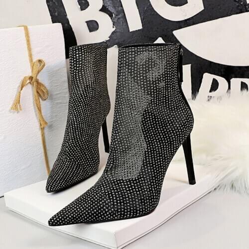 2020 new mesh Ankle Boots Women crystal Pointed Toe shoes Fashion zip High Heels sexy short boot black brand Zapatos De Mujer
