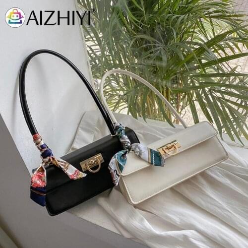 Women PU Leather Silk Scarf Top-handle Handbag Solid Color Simple Shoulder Underarm Bag Stylish Shopping Armpit Pouch