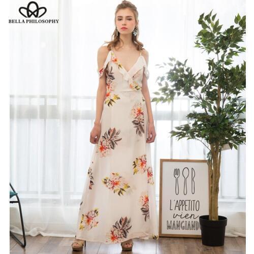 Bella Philosophy summer spaghetti strap printing bohemian women v-neck ladies dress long maxi beach chiffon dress