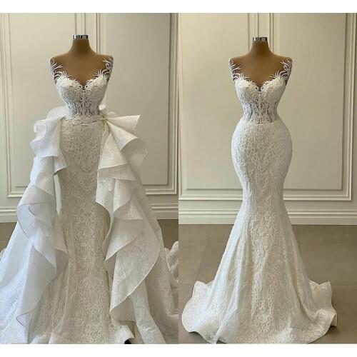2021 White Mermaid Wedding Dresses with Detachable Train Ruffles Lace Appliqued Bridal Gowns Plus Size Vestidos de novia