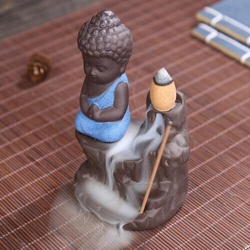 20Pcs Incense Cones + 1Pc Burner The Little Monk Small Buddha Censer Ceramic Waterfall Backflow Incense Burner Holder Home Decor
