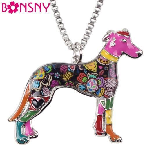 Bonsny Enamel Alloy Floral Greyhound Greadog Dog Necklace Pendant Chain Collar Charm Animal Novelty Jewelry For Women Girls Gift