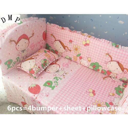 6pcs Strawberry Girl Baby Bedclothes For Cot Crib Bumper Safe Washable Baby Bedding Set (bumpers+sheet+pillow cover)