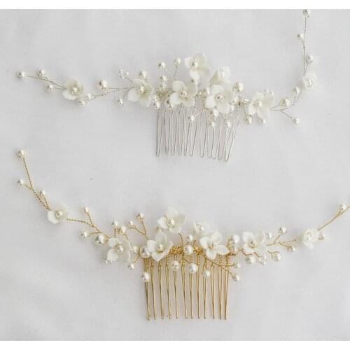 SLBRIDAL Handmade Crystal Rhinestone Pearls Ceramic Flower Bridal Hair Comb Wedding Hair Accessories Bridesmaids Women Jewelry