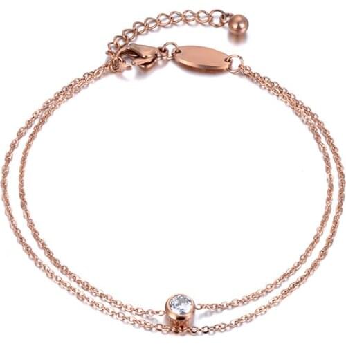Stainless Steel 2 Layers Chain & Link Bracelet Rose Gold Jewelry Single CZ Crystal Simple Design Best Gift B18178