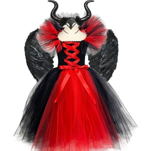Red Black Witch Costume Kid Girls Tutu Dress Ankle Length Halloween Devil Cosplay Clothes for Child Party Photo Prop 1-14Y