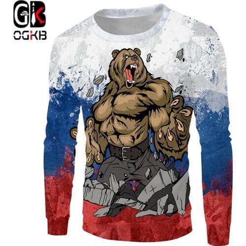 OGKB 2019 Creative Bear Large Size Red and blue National flag Sweatshirt Casual 3d Printed Russia Funny Long sleeve 6xl