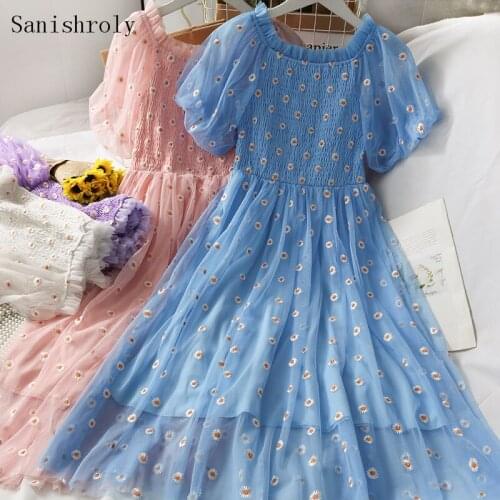 Summer Women Slash Neck Daisy Embroidery Floral Lace Dress Sweet Folds Puff Sleeve Mesh Dress Ladies Long A Line Party Vestidos