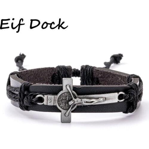 Hot Sale Men Women Jewelry Vintage Leather Bracelets & Bangles Metal Cross Jesus Charm Bracelet Adjustable Wax Cord Bracelet