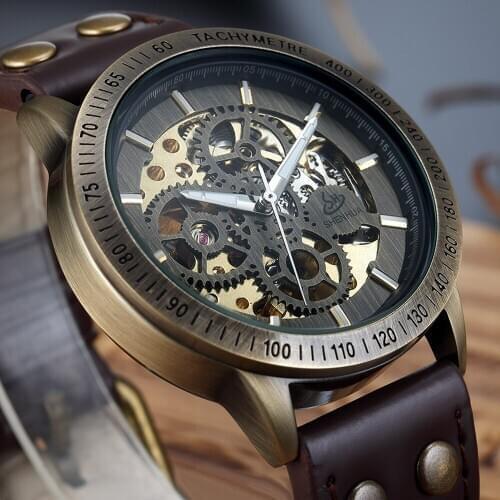 Retro Automatic Skeleton Mechanical Watches Mens Luxury Top Brand Steampunk Leather Strap Mechanical Winding Clock Male Reloj