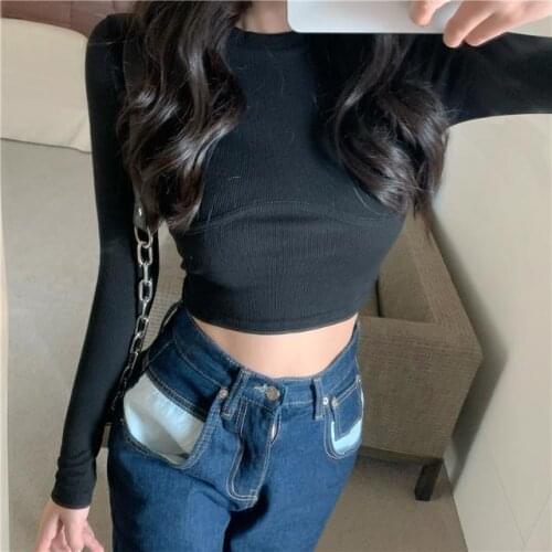 2021 new solid color basic long-sleeved T-shirt womens inner bottoming shirt slim high waist crop top trendy