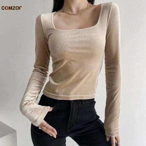 2021 Autumn Women Velvet T Shirt Square Collar Long Sleeve Velour Tops Clothing Vintage Sexy Tees Vetement Femme