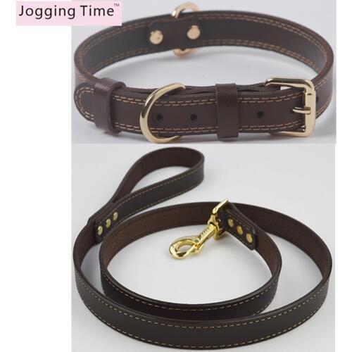 Strong Leather pet dog collar leash set large dog collar Alloy Buckle and Double D Rings Medium dog leashes collar set Brown