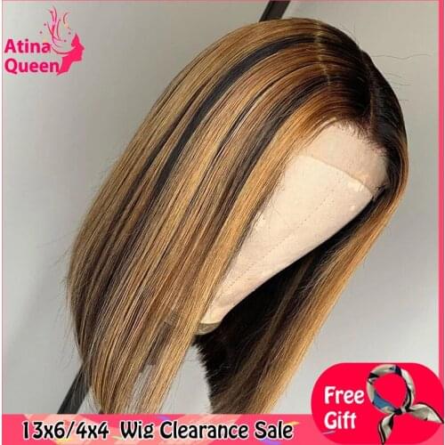 Straight Highlight Short Bob 13x6 Lace Frontal Wig Brown 4x4 Closure Natural Color Pre Plucked Human Hair For Women Brazilian