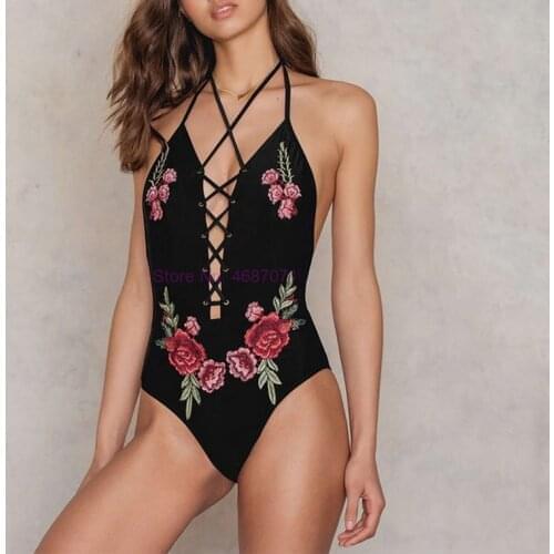 By dhl or fedex 50pcs Strappy Floral Patch Swimwear Bathing Suit Bodysuit Swimwear Backless Beachwear Bandage Halter Monokini
