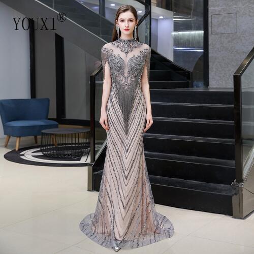Luxury Evening Dress Mermaid 2020 Gorgeous O-Neck Beaded Rhinestones Crystal Formal Gown with Beading Tassel Robe de Soiree Long