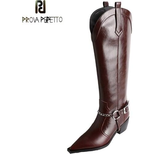 Boots 2021 Autumn and Winter New Thick Heel Pointed Toe Chain Belt Buckle Western Cowboy Boots British Style High Boots Women