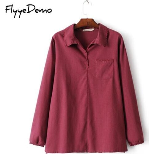 Spring Fall Women Turn Down Collar Shirts Ladies Linen Casual Top 2020 Female Solid Long Sleeve Pocket Fashion Blouses Plus Size