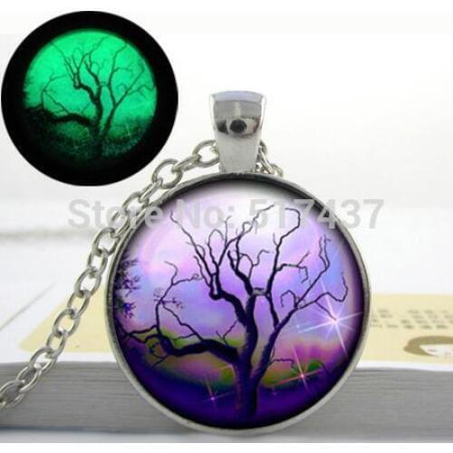 Tree Glowing Necklace, space galaxy Tree of Life Necklace Jewelry Art Photo Print Pendant glow in the dark jewelry