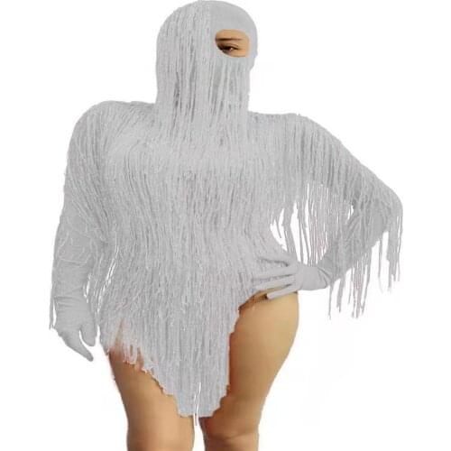 H59 Tassel Drilling Chain Pole Dance Elastic Stretched Singer Tight Bodysuit Colorful Mask Leotard Siamese Sexy Prom Party Club