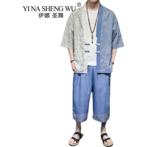 Traditional Japanese Clothing Kimono Pants Men Retro Yukata CardigaFashion Tang Set Harajuku Hanfu Yukata Jacket Asian Clothing