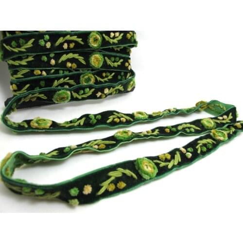 5/8 Inch Green Yarn Flowers Embroidered Velvet Ribbon|Sewing|Quilting|Craft Supplies|Hair Accessories