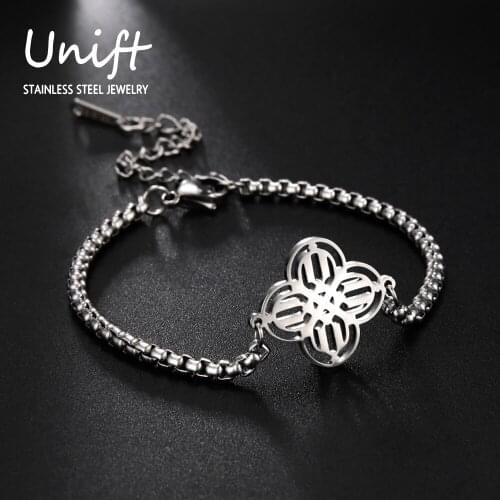 Unift Vintage Celtic Knot Four-Leaf Clover Bracelets Chinese Pattern Stainless Steel Charms Lucky Jewelry Womens Accessories