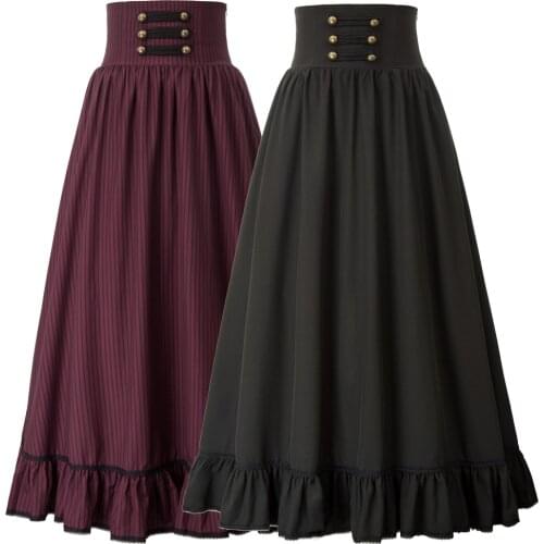 Women Gothic Skirts Long Maxi Skirt High Waist Ruffled Hem A-Line Skirts Elastic Waist Vintage Skater Club Party Casual Fashion