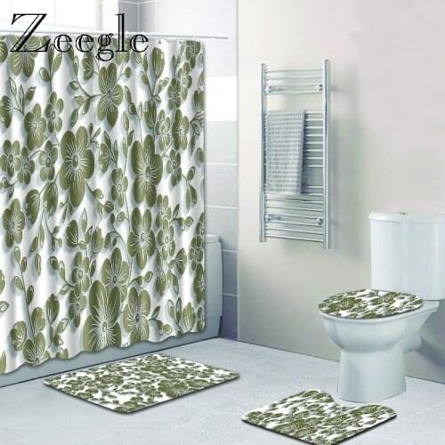 Zeegle Printed Shower Curtain with Bath Mat Set Toilet U Type Mat Microfiber Soft Floor Rug Toilet Foot Rug Entrance Doormat