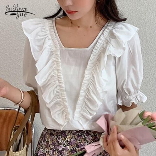 Korean Blouses Women Blusas Mujer De Moda 2020 Summer Ruffles Slim Tops Casual Short Sleeve Office Lady Shirts 10048