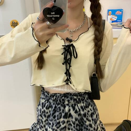 Autumn Korean niche bandage T-shirt women ruffled V-neck long-sleeved short section careful machine top harajuku goth clothes