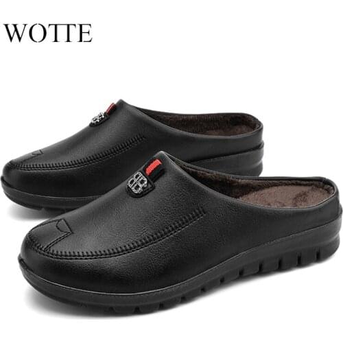 Women PU Leather Waterproof Winter Slippers Plush Warm Comfortable Wedge Mother Shoes Women Fashion Solid Color Slip On Loafers