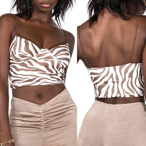 Women’s Fashion Zebra Pattern Camisole Sexy Lace Trim Boat Neck Exposed Navel Suspender Tops
