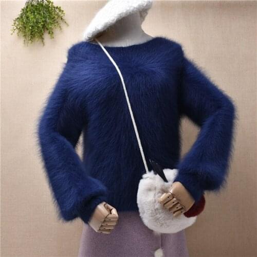 Casual fashion female women hairy fluffy mink cashmere knitted o-neck long lantern sleeves slim blouses pullover angora fur pull