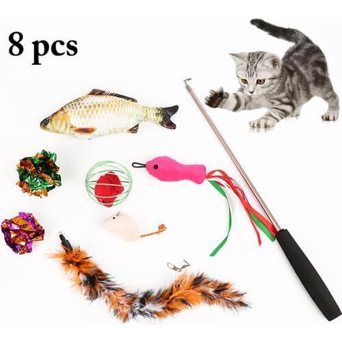 8pcs/Set Cat Toys Variety Pack Cats Funny Fish Catnip Sisal Balls Teaser Feather Sets For Small Cat Pet Supplies Toy Set
