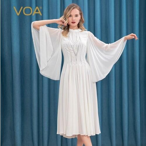 VOA Heavyweight Silk 30mm White Half-Collar Flounced Sleeves Black Arch Needle Mix Material Stitching Pleated Dress AE216