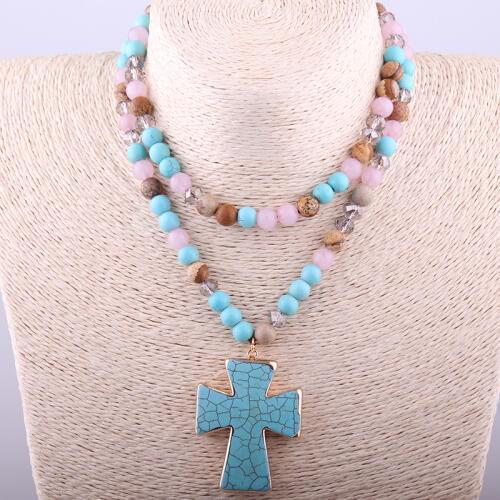 Free Shipping Bohemian Jewelry Fashion Multi Color Natural Semi Precious Stone Cross Necklace