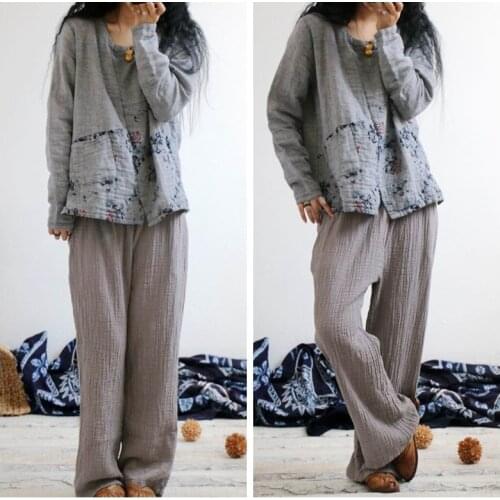 ASYMSAY Comfortable Floral Print Cotton Linen Blouse Autumn New Style Round Collar Long Sleeve Tops Ethnic Loose Shirt AC5797
