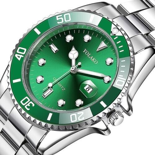 Green Quartz Men Watches Fashion Stainless Steel Chronograph Calendar Watch Clock Men Male Students Reloj Hombre